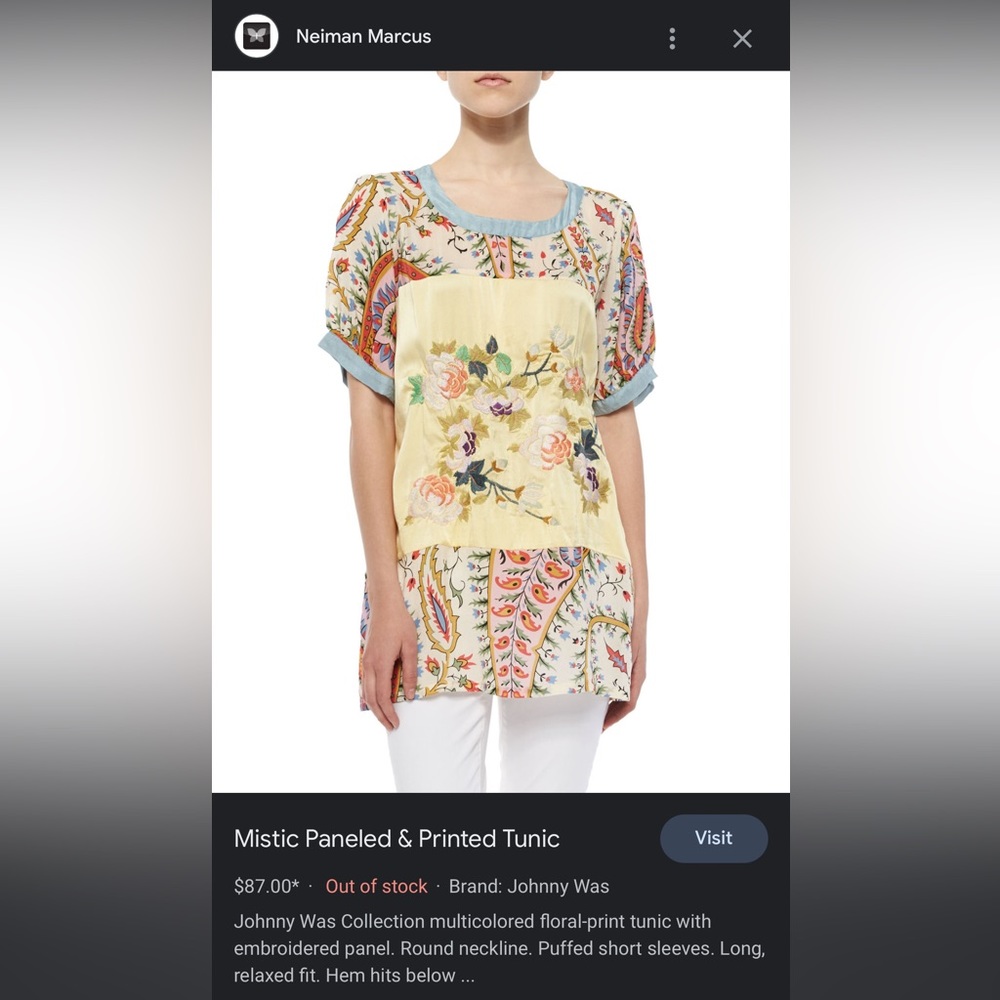 Johnny Was Sz S Mistic Paneled & Printed; Floral Embroidered Yellow Tunic Top
